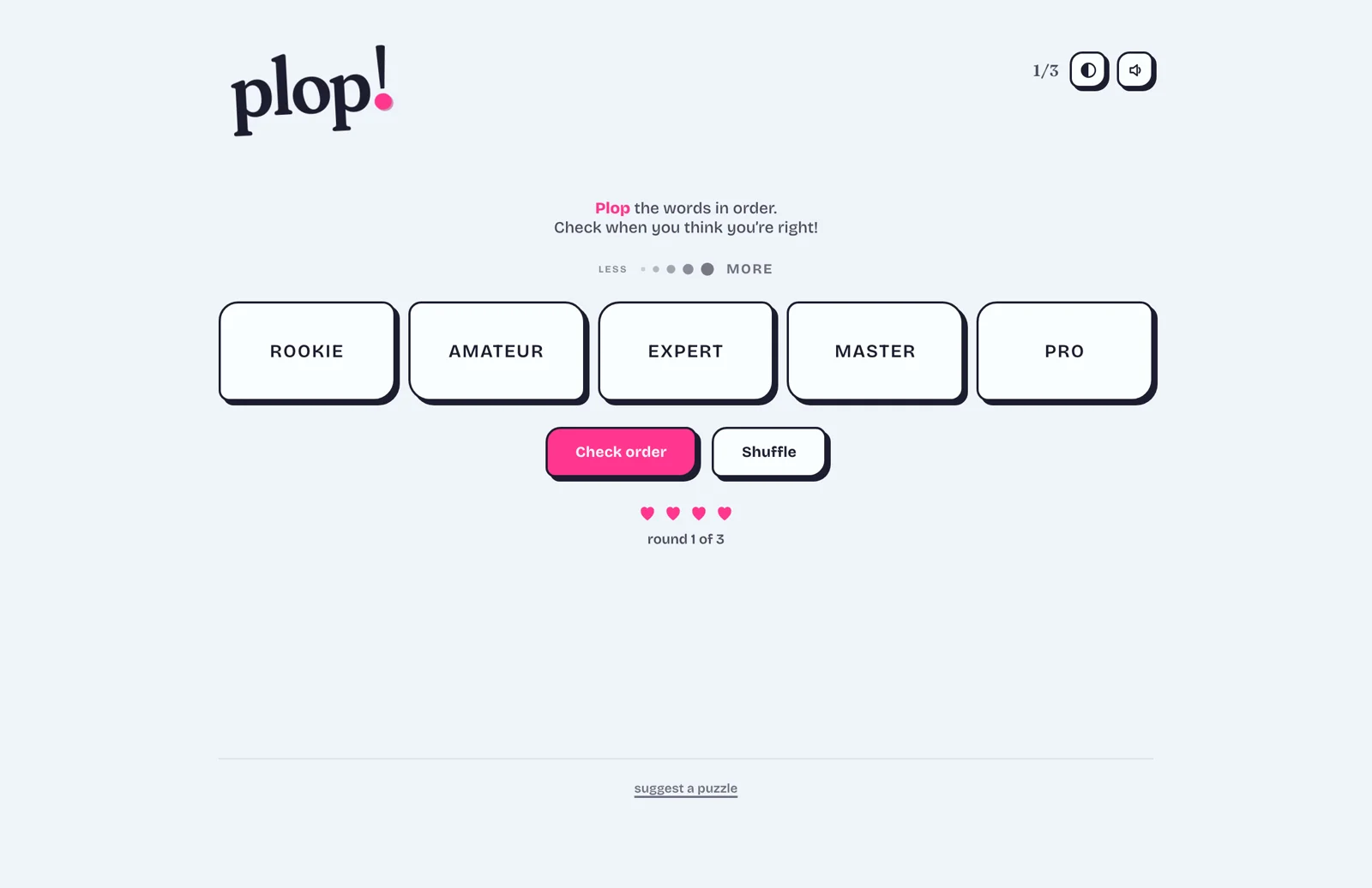 Plop! gameplay with five words placed along a hidden axis