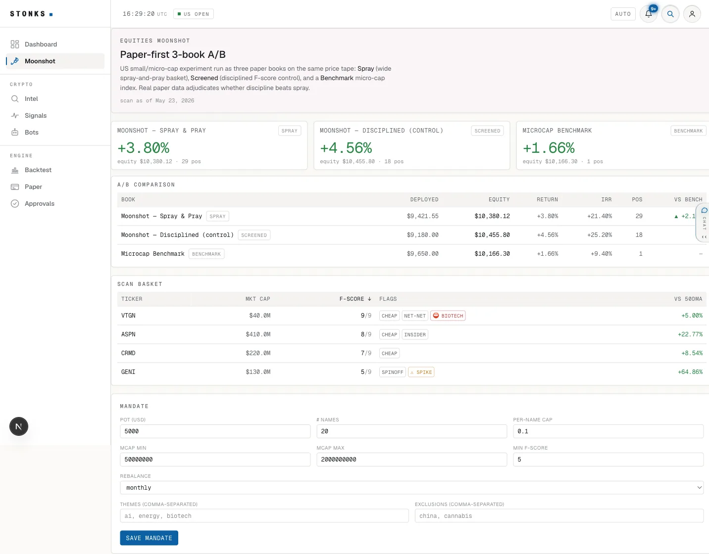 Moonshot paper-trading module with live data